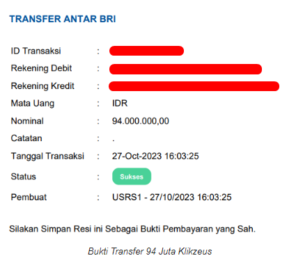 Bukti Transfer 94 Juta Klikzeus