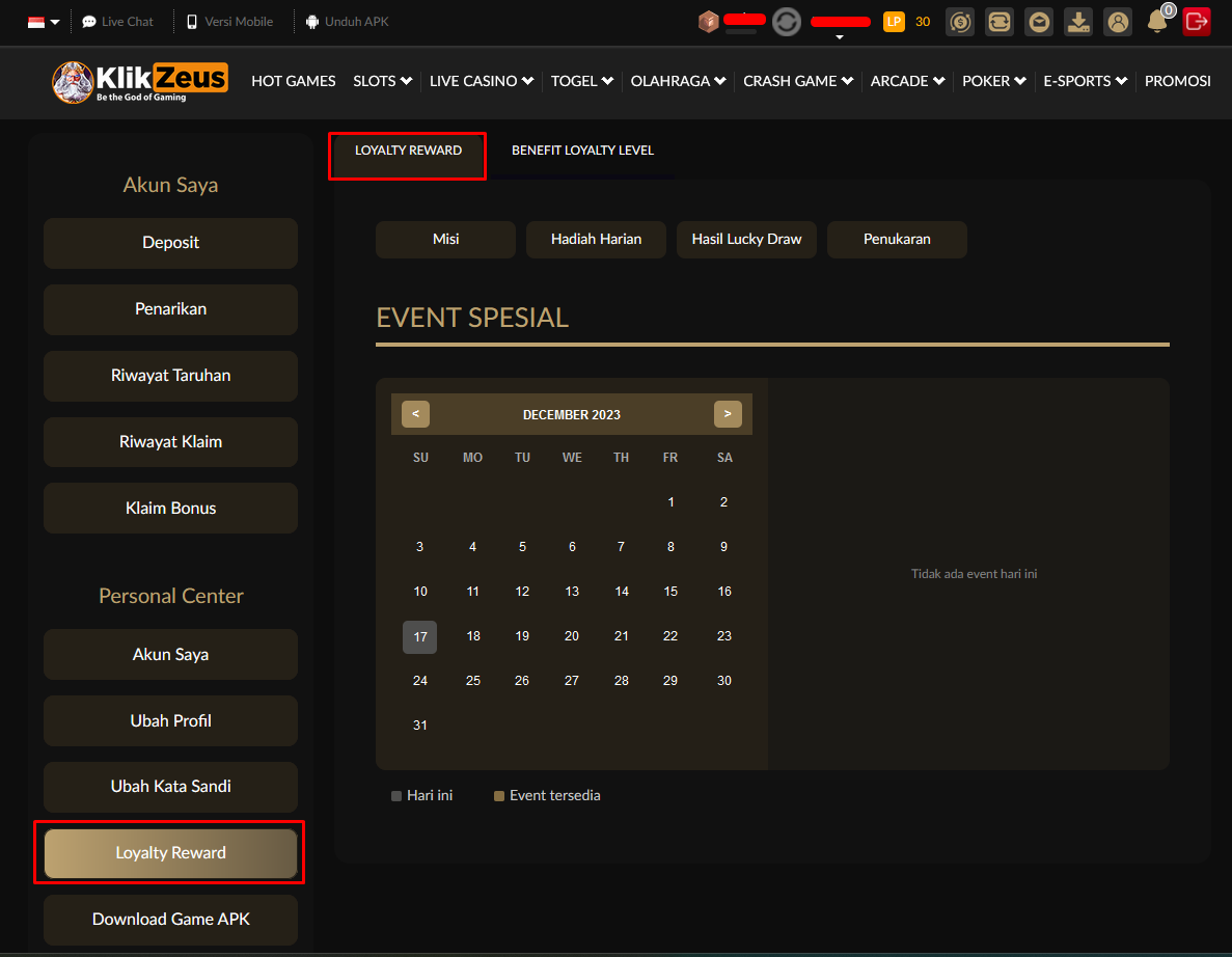 Tampilan Versi Desktop Loyalty Reward di Membersite menu Pusat Akun - Loyalty Reward