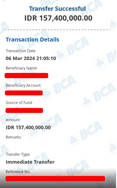 Bukti Transfer Wd 157 Juta