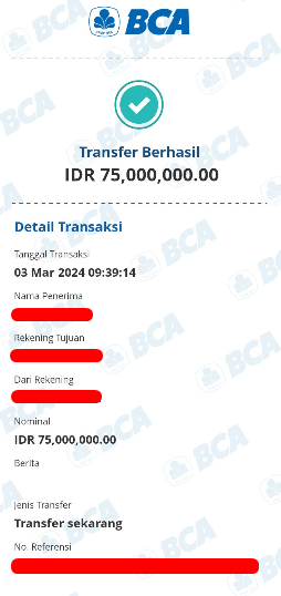 Bukti Transfer WD 75 Juta Klikzeus