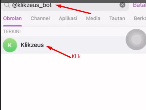 Buka telegram anda dan search user bot klikzeus yaitu - @klikzeus_bot